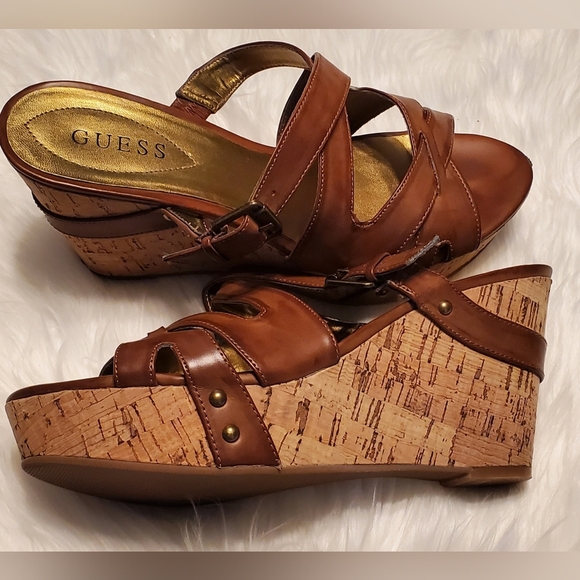 Guess Barclay Brown Leather Cork Wedge Platform Slip On Sandal Heels Size 10 - Picture 4 of 8